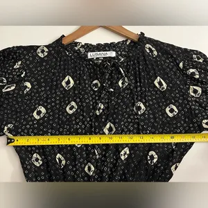 Anthropologie Lusana women Cinched mini dress tiered print balloon sleeve M 6 thumbnail 7