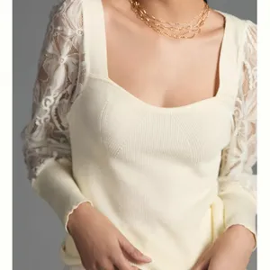 Anthropologie NEW Lace Sleeve Cream Sweater Top thumbnail 1