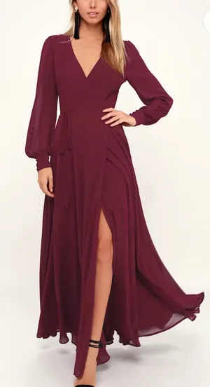 Lulus My Whole Heart Wrap Dress S‎ Burgundy Long Sleeve Gown thumbnail 1