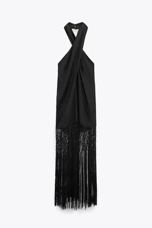 ZARA dress midi black halter neck linen fringed fringes boho thumbnail 12