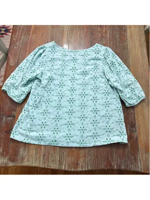 J. JILL Mint Green Eyelet Floral Embroidered Top 3/4 Sleeve Knit Blouse M thumbnail 10