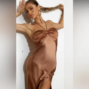 Hello Molly NWT Strapless Satin Dress in Rich Brown thumbnail 2