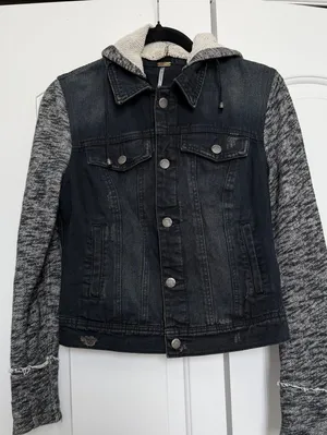 Free People distressed Black Jean Jacket with charcoal Sleeves thumbnail 1