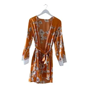 Bohemian Floral Print Pajama Set, Long Sleeve Robe With Belt Lace SZ M #1635 thumbnail 8