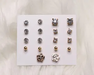 9 Pairs Gold faux Diamond Stud Earrings Bundle thumbnail 3