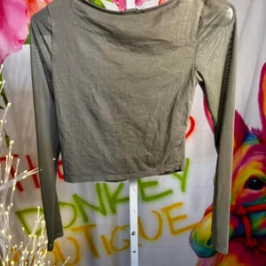 X64. Ambiance - Olive green mesh crop long sleeve top with zipper detail. thumbnail 3