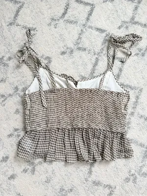 American Eagle Outfitters Brown and White Gingham Tie-Shoulder Crop Top thumbnail 3