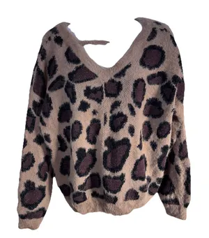 L Love Leopard Print Fuzzy Eyelash Knit Sweater Boho Festival Cozy top size L thumbnail 1