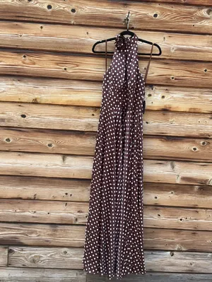 IEENA FOR MAC DUGGAL Size 10 Brown Polka Dot A-Line Halter Gown Rosette FLAWS thumbnail 5