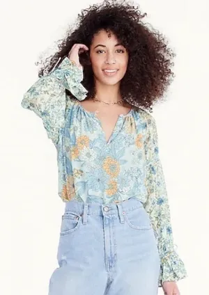 J. Crew Blue Floral Chiffon Long Sleeve‎ Blouse Size M thumbnail 1