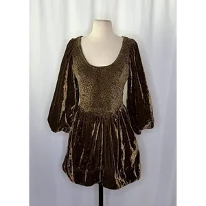 NWT!! FREE PEOPLE Farrier Velvet Mini Dress Smocked Solid Brown Bear Mini Medium thumbnail 2