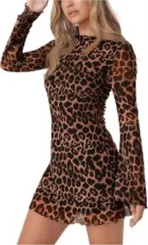 Leopard Print Bell Long Sleeve Sheer Dress - Brown Animal Print Y2k Mesh Sheer thumbnail 1