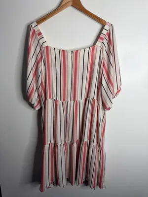 Gabby Skye Striped Babydoll Dress Puff Sleeve‎ Square Neck Pink Beige 18W Pastel thumbnail 3