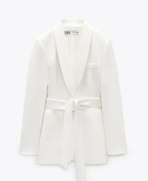ZARA Tuxedo Blazer With Waist Tie Suit Jacket White thumbnail 4