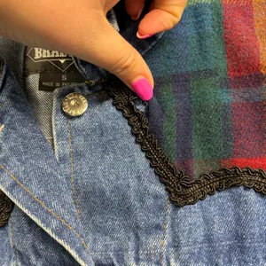90s Vintage Jean Jacket Denim Trucker Jacket Western Plaid Wool Small thumbnail 3