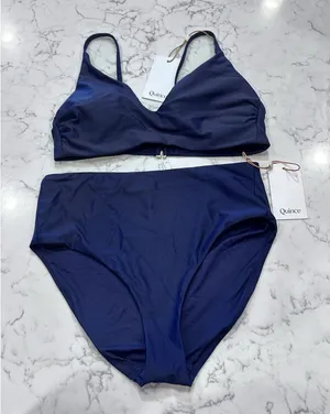NWT Quince Deep Navy Italian V Neck Bikini Top & High Rise Bottoms Set Medium thumbnail 1