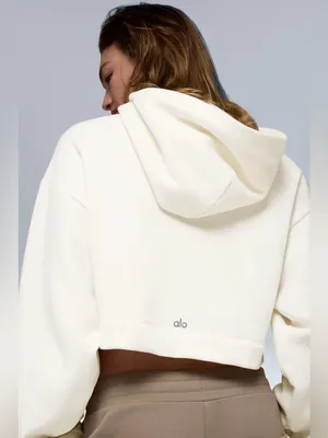 Alo NWT Bae Hoodie Ivory Cream Cropped Pullover Sweatshirt Size L thumbnail 2