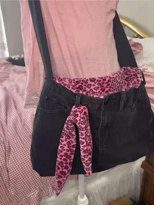 Handmade Black Canvas Crossbody Bag with Pink Leopard Accent - Women's Crossbody thumbnail 5