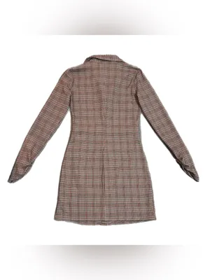 Zara Brown Plaid Check Mini Shirt Dress Womens Small Ruched Front Long Sleeve thumbnail 4