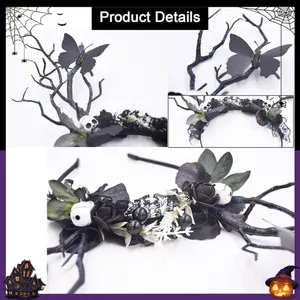 Black Gothic Headband with Skulls and Butterflies thumbnail 2