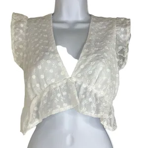 Idem Ditto White Eyelet Floral Crop Top Small‎ Peplum Ruffle Sleeve Plunge Neck thumbnail 1