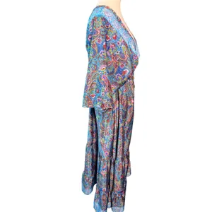 Zury Blue Paisley Silk Blend V-Neck Maxi Dress Ruffle Boho Free Size Kaftan thumbnail 3