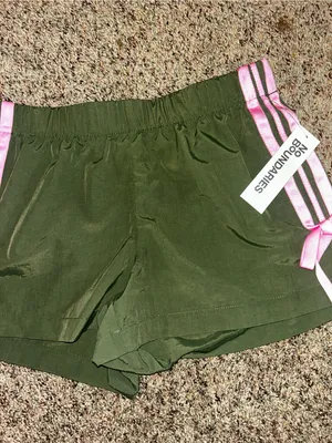 No Boundaries Olive Green Athletic Shorts with Pink Stripe and Bow thumbnail 3