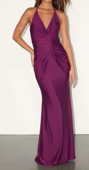 NEW Lulus Zaniya Plum Ruched Halter Open Back Jersey Mermaid Maxi Dress Large thumbnail 1