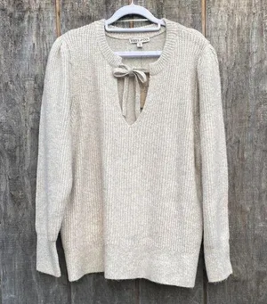 New 1X FRYE AND CO. Cream Textured Knit Crew Neck Sweater Key Hole Tie Collar thumbnail 1