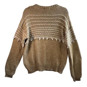 Elsamanda Italy Alpaca Wool Blend Chunky Knit Sweater Tan White Stripe Large‎ L thumbnail 2