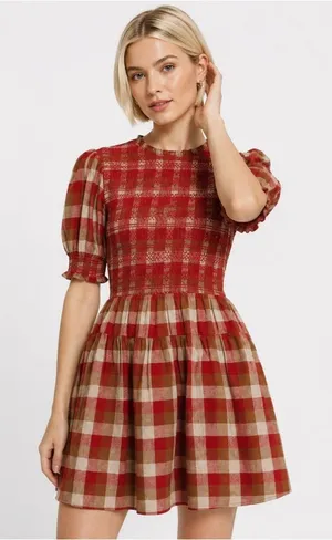 AUREUM Smocked Checkered Mini Dress Red Brown Plaid Cottagecore Prairie Size S thumbnail 1