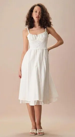 RIHOAS The White Ruched Slip Cotton Midi Dress M thumbnail 2