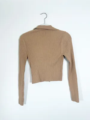 NWT Aerie Gotta Jet! Polo Ribbed Cropped Sweater Tan Medium thumbnail 3