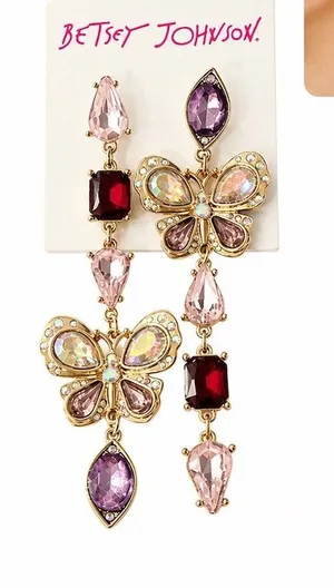 Betsey Johnson Butterfly Mismatch Linear Drop Earrings Crystal Multicolor cute thumbnail 1
