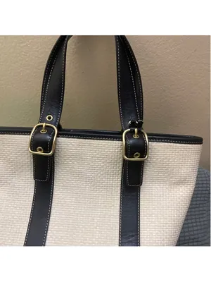 Coach Straw & Leather Tote Bag Beige Black small size thumbnail 3