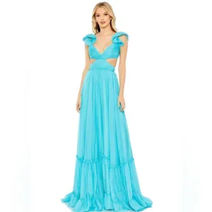 Mac Duggal 70254 Womens Blue Ruffled Shoulder Cut Out Lace Up Gown Dress thumbnail 3