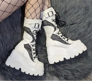 White Platform Knee High Gothic Boots Mesh Straps Studs Lace Up Zip Size 7 US thumbnail 1