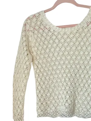 Cream Crochet Open Knit Sweater Long Sleeve Scoop Neck Top Size XS ~ NWOT thumbnail 2