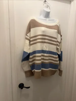Striped Oversized Knit Sweater - Cream, Tan & Blue size XL new thumbnail 3