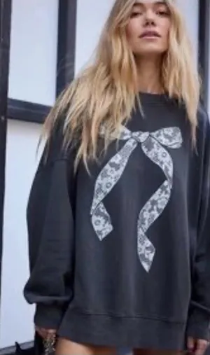 Aerie Oversized Black Sweatshirt with White Lace Bow Graphic Size XS thumbnail 1