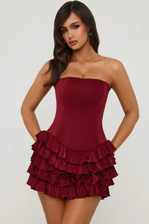 NWT Oh Polly Juliet Bandeau Ruffled Tiered Corset Mini Dress Berry Red Size 0 thumbnail 1