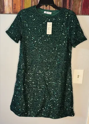 Green Sequins Round Neck Short Sleeve Dress thumbnail 1
