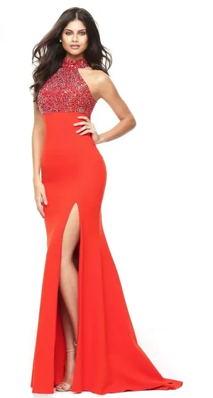 Sherri Hill 50841 Orange Beaded Halter‎ Open Back Gown NWT Size 4 thumbnail 1