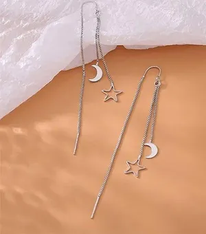 Silver Moon Star Threader Long Tassel Earring Chain, Drop Dangle Woman Earrings thumbnail 5
