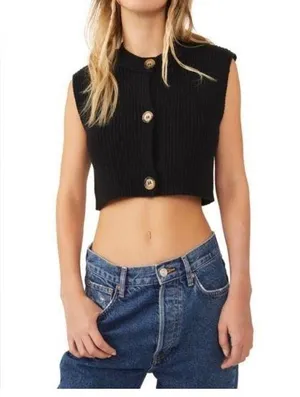 Free People Naiome Micro Vest Black Ribbed Crop Cropped Sweater Sleeveless Small thumbnail 1