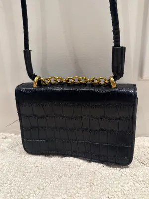 Black Croc Embossed Mini Crossbody Bag Gold Chain thumbnail 2