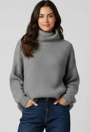 Free People Women's Medium Gray Ribbed Turtleneck Sweater Slouchy Cozy‎ Knit thumbnail 1