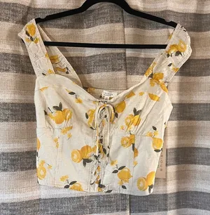 Kirious Tan Lemon Print Lace Up Crop‎ Top Size XL thumbnail 1