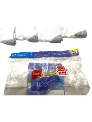 Hanes Womens Full Sole Cushion Crew Socks Extended Size 8-12 8 Pairs White/Gray thumbnail 2
