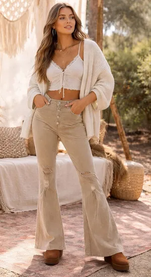 NWT Forever 21 Corduroy Flare Pants‎ Women's Size XL Tan Distressed Y2K Boho thumbnail 1